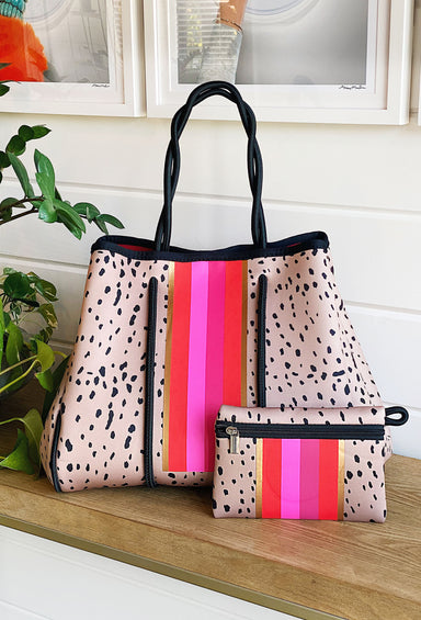 The Michelle Neoprene Tote, Taylor Gray neoprene tote, pink and gold stripes 