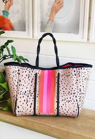 The Michelle Neoprene Tote, Taylor Gray neoprene tote, pink and gold stripes 