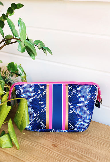 The Sarah Neoprene Large Cosmetic, Taylor Gray large cosmetic bag, blue snakeskin with pink and gold stripe 