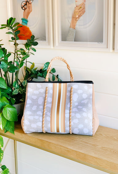 The Jeanne Neoprene Tote, soft antelope print tote with cream and white detailing 