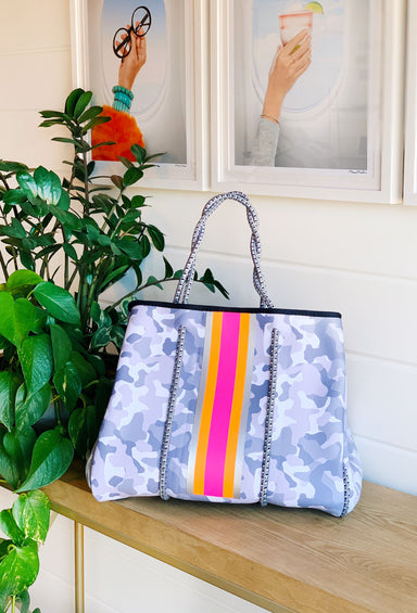 The Olivia Neoprene Tote, light grey camo print neoprene tote with hot pink and orange stripe detailing down the front 
