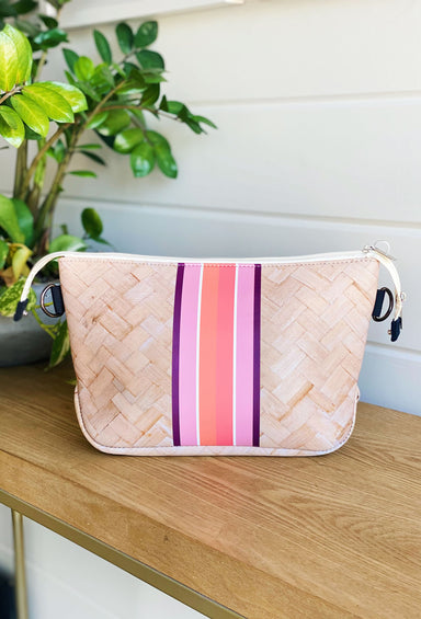 The Amanda Large Neoprene Large Cosmetic, cosmetic bag, faux woven, pink and purple stripe down middle