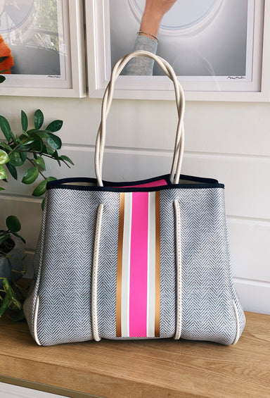 The Cathy Neoprene Tote, herringbone print, pink and hot pink stripes down middle