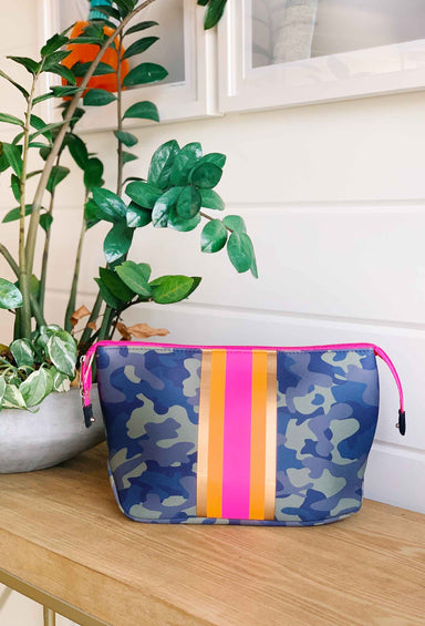 The Hope Neoprene Large Cosmetic, green camo cosmetic bag with pink orange and gold stripes down the front 