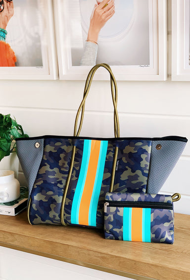 The Taylor Camo Neoprene Tote, camo neoprene tote with orange and turquoise stripe