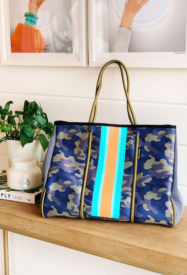 The Taylor Camo Neoprene Tote, camo neoprene tote with orange and turquoise stripe