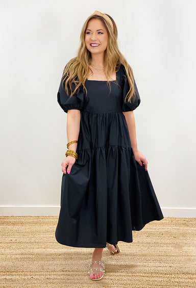 Think of Me Midi Dress, black tiered dress, puff sleeves, square neckline, midi dress