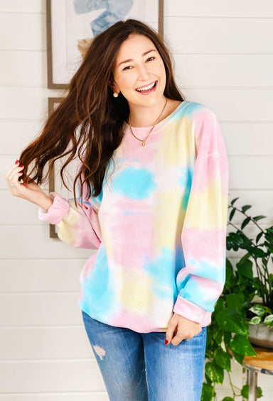 Tie Dye Corded Sweatshirt, tie0dye corded crew neck pullover  Edit alt text