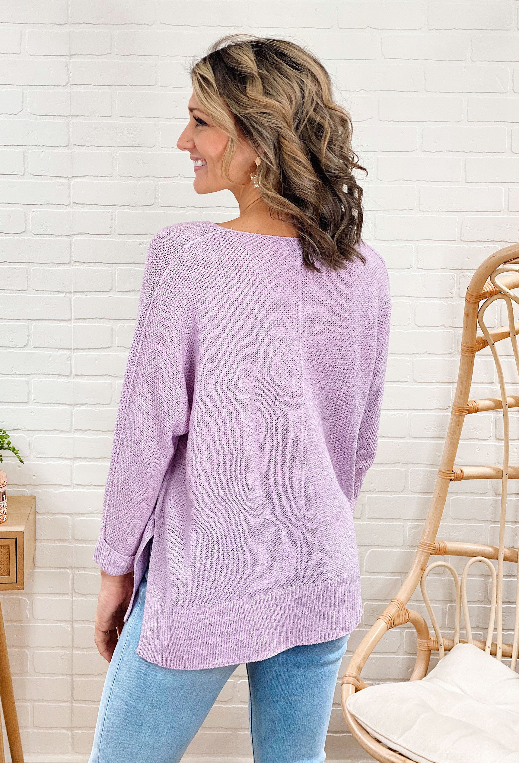 Time for Cozy Knit Sweater in Lavender, knit sweater, purple with v-neck detail and slit on the side