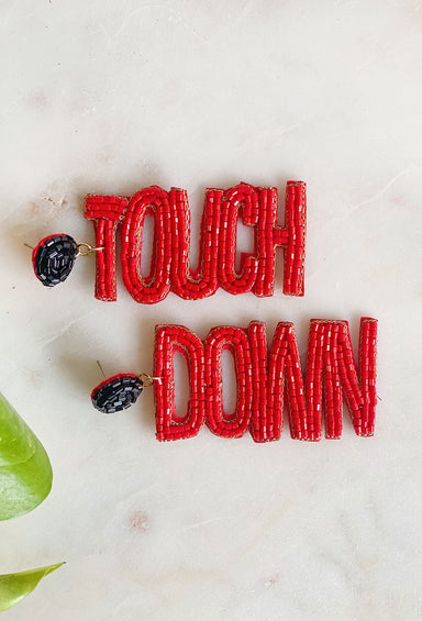 Touch Down Beaded Earrings, red beaded earrings that spell "touch" and "down"