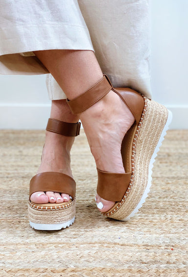 Tuckin Espadrille Platform Sandal, espadrille sandal with brown leather strap across toes and around ankle