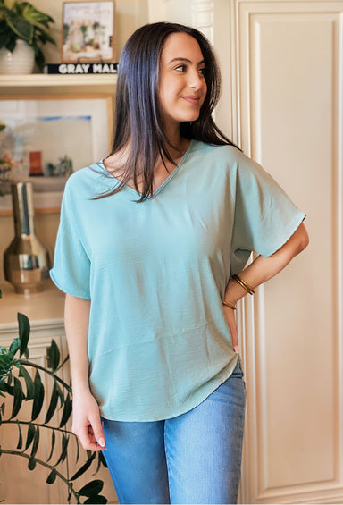 Universal V-Neck Blouse in Aloe, Classic v-neckline top with short sleeves and flowy fit