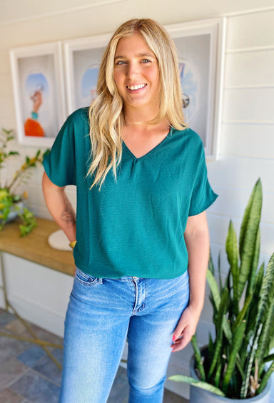 Universal V-Neck Blouse in Hunter Green, classic v-neckline, short sleeves 