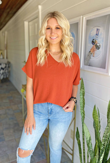 Universal V-Neck Blouse in Rust, short sleeve, v-neck blouse