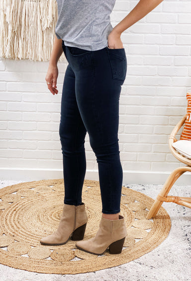 Unpublished Kora Mid Rise Skinny Jeans in Cider, ankle length, black denim