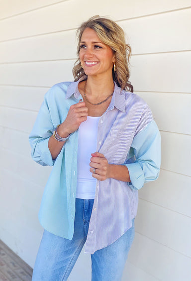 Unwritten Rules Button Up Top, striped color block button up top