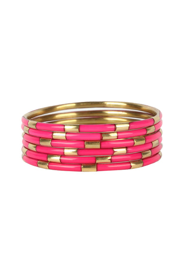 BUDHAGIRL Veda Bracelet Set in Pink, set of 6, gold and pink striped bangles