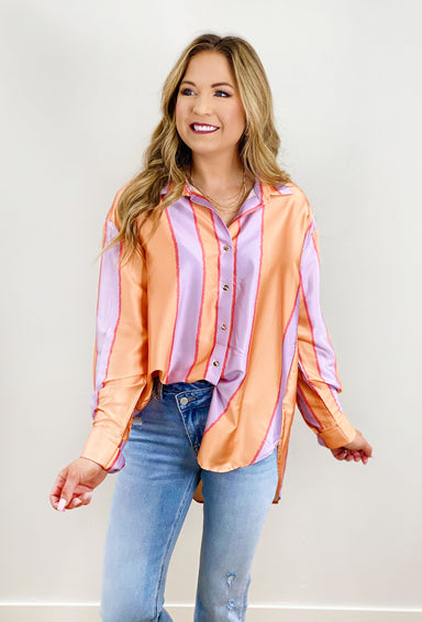 Vibrant Life Striped Blouse, orange, purple and pink striped blouse, gold button up detail