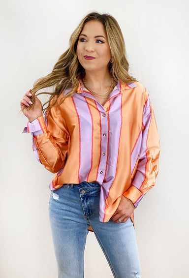 Vibrant Life Striped Blouse, orange, purple and pink striped blouse, gold button up detail