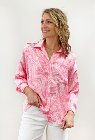 Wanting More Button Up Top, white and pink paint swirl design, button up top  with front pocket 