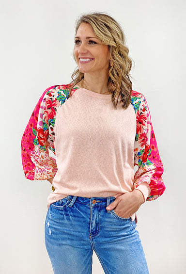 Wish You Well Floral Top, pink top with long sleeve floral design sleeves