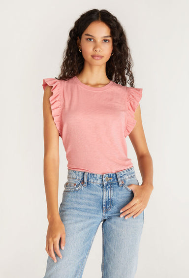 Z SUPPLY Dakota Ruffled Tank, pink tank with ruffle on the sleeves