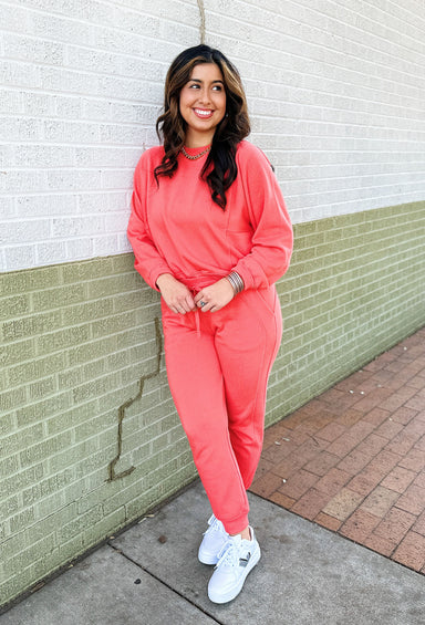 Z SUPPLY Janine Seamed Jogger in Firecracker, tomato red joggers, drawstring detail