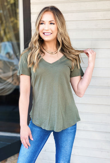 Z SUPPLY Kasey Modal V-Neck Tee, dusty olive pocket tee with front pocket