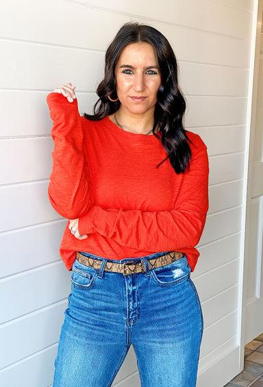 Z SUPPLY Lupita Crop Long Sleeve Top, tomato red long sleeve top, crew neckline, crop top