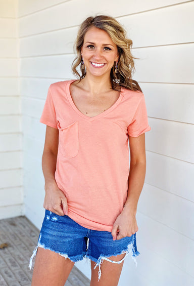 Z SUPPLY Pocket Tee in Melon, peach colored v-neck tee with front pocket