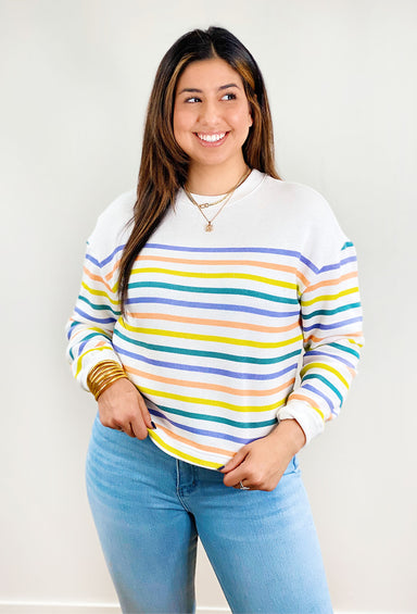 Z SUPPLY Yuna Striped Sweatshirt, white pullover with colorful stripes across pullover