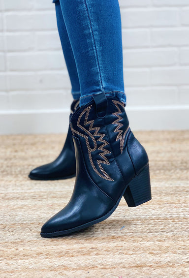 Zane Black Western Boot, black western bootie, gold metallic stitching