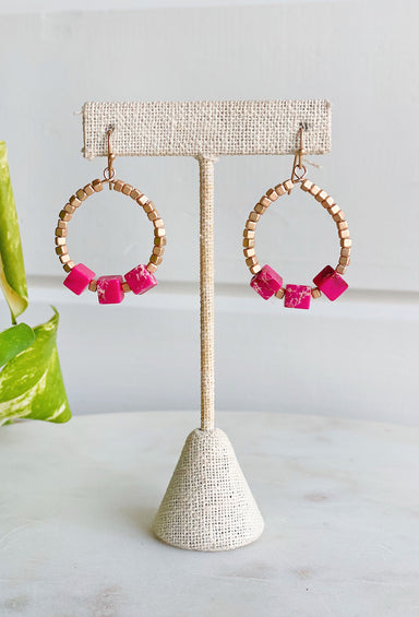Follow Your Heart Earrings, teardrop shaped earrings with gold cube beads and pink cube beads
