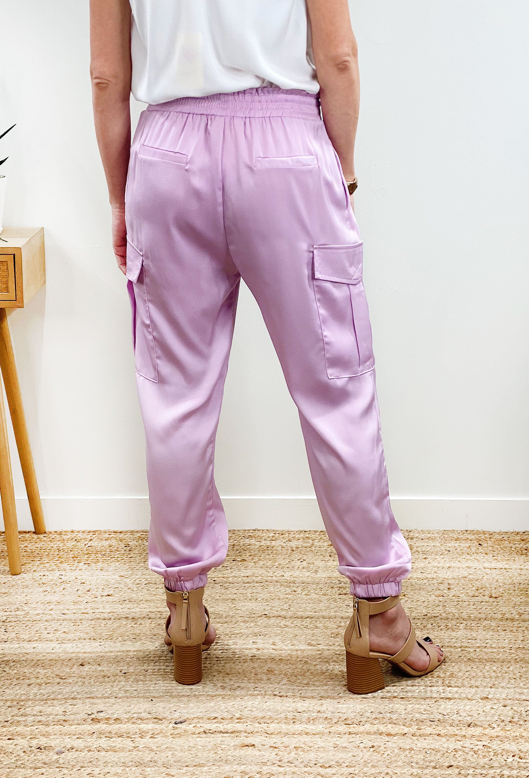 Make Or Break Joggers, Light purple joggers with cargo pockets and self tie detailing