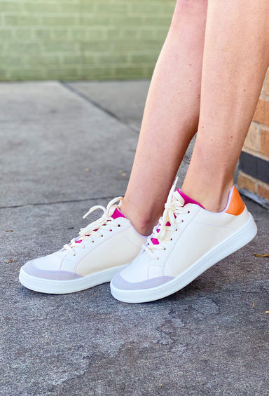 Miel Sneaker in Fuchsia, cream shoes with fuchsia pink tongue and bright orange back