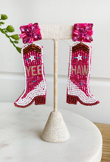 Rodeo Queen Beaded Earrings, pink and white cowgirl boots with "yeehaw" on the boots