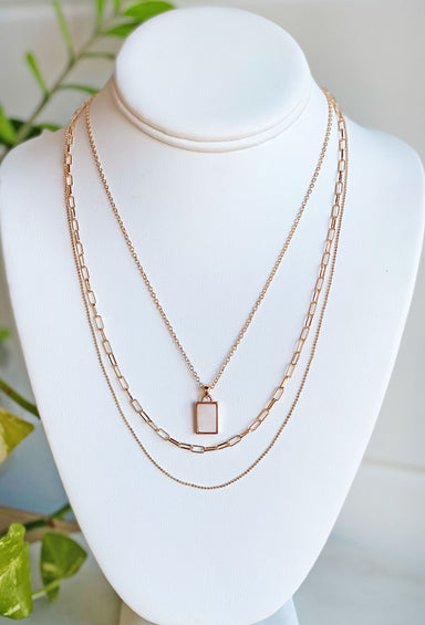 Someone Like You Necklace, layered gold chain necklace, one chain with white rectangle charm