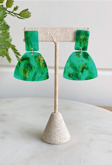 Work of Art Earrings, abstract gold and dark green print on green acrylic