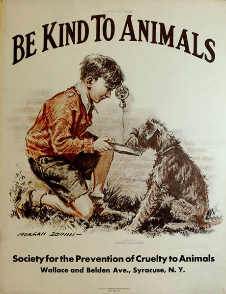Junge mit Hund füttern Futter Tierschutz USA Vintageposter