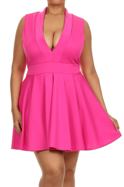 Plus Size Lively Deep V Neck Pink Skater Dress Plussizefix 