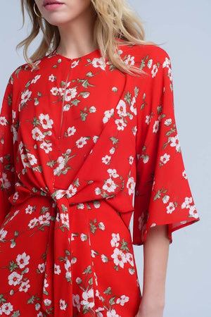 Red Floral Print Midi Dress in Chiffon