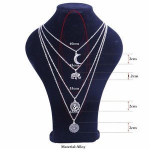 Vintage Silver Metal OM Elephant Moon Pendant  Multilayer Necklace Pendant Necklaces