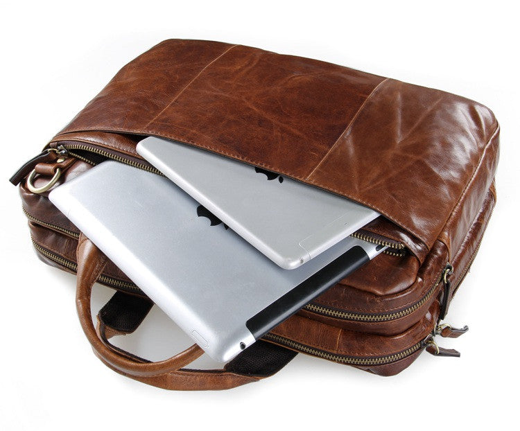 "Portobello" Saddle Leather Briefcase & Messenger Bag - Brown