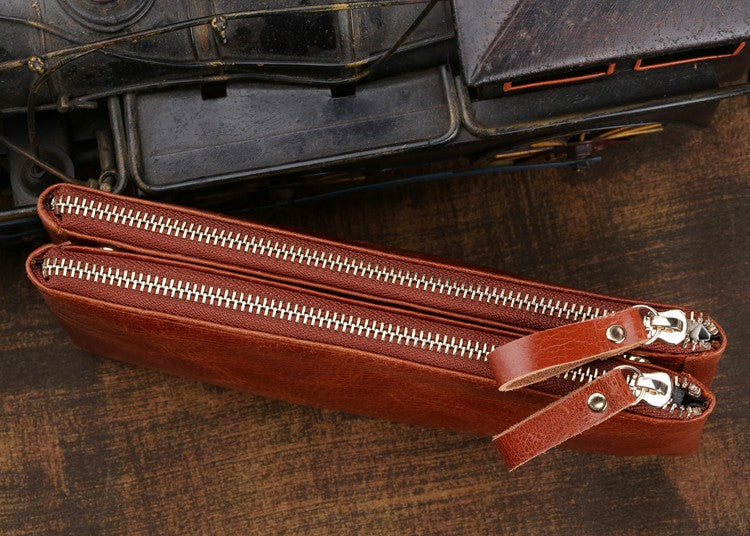 Genuine Leather Clutch Organizer Wallet - Brown