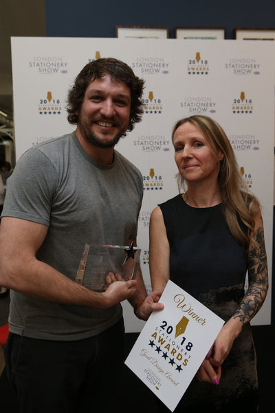 Justin Avery receiving the Good Design award from Jo Irons at the London Stationery Show 2018