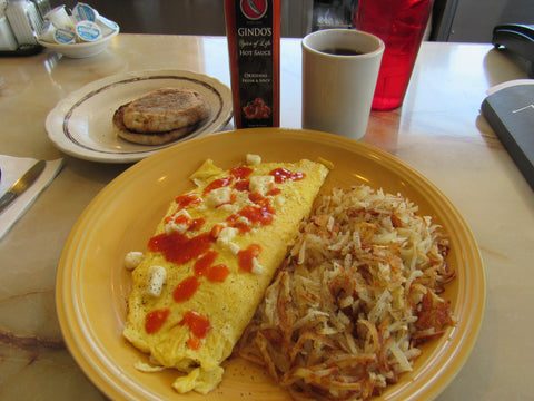 State Street Diner omelette with Gindo's handcrafted award-winning Original Fresh & Spicy Louisiana style hot sauce.