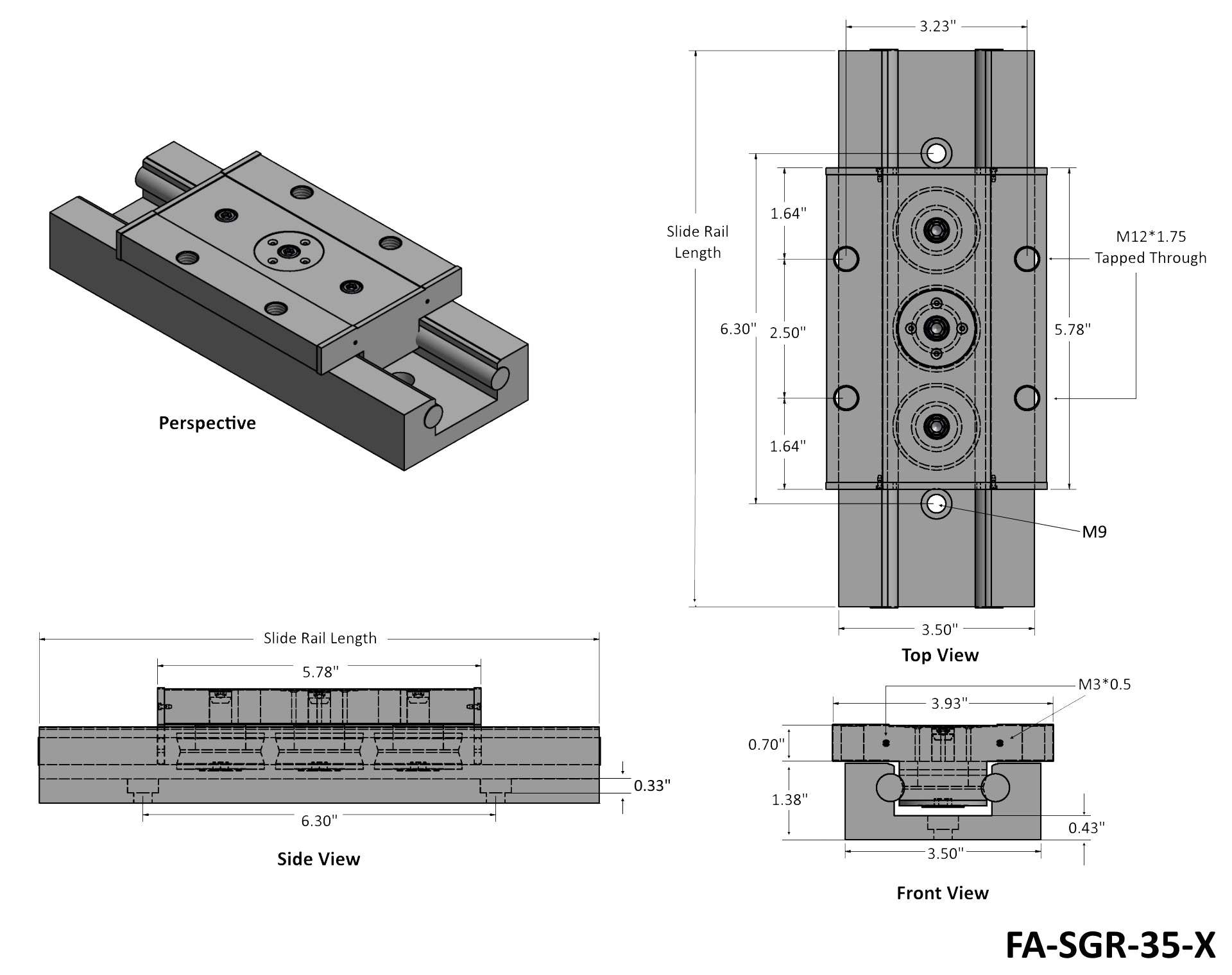 Heavy Duty Bearing Slide Rail Tech Drawing