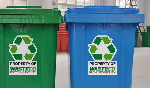 Blue and Green recycling Bins for Paper, plastic and metal