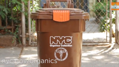 NYC Compost + Organics brown recycling bin