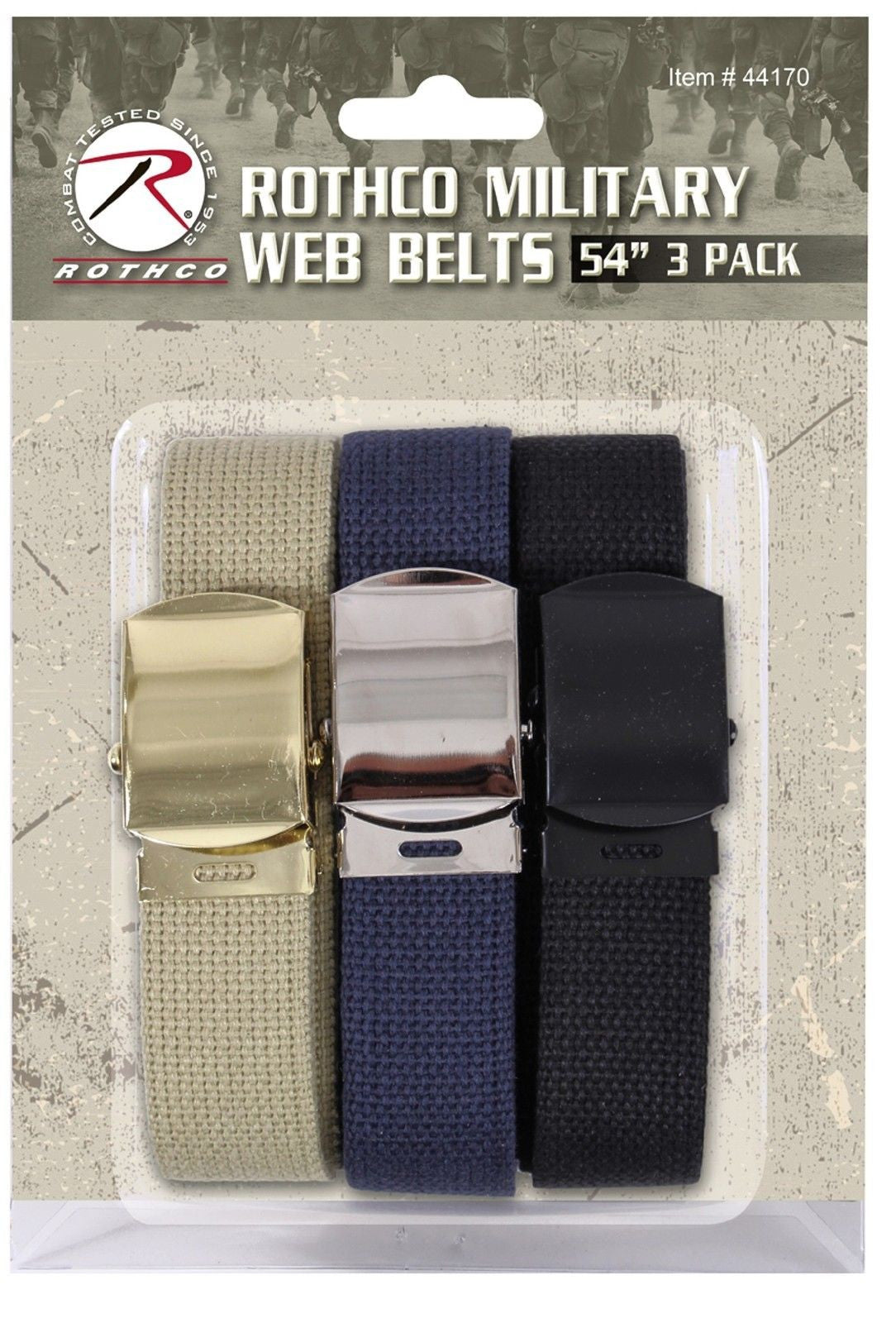 Military Cotton Web Belt 3-Pack THREE 54" Cut-To-Fit Khaki, Navy & Bla
